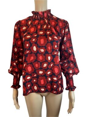 Compañia Fantastica Smocked High Neck Neck Red Floral Print Blouse size S